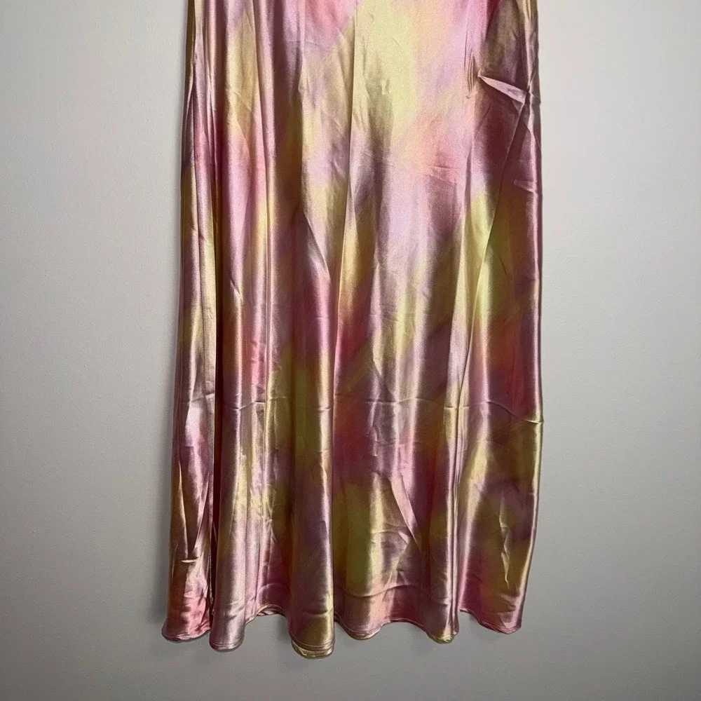 Micas‎ Pastel Tie-Dye Satin High wasited Midi Skirt Multicolor Flowy Large